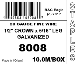 B&C 1/2" Crown Fine Wire Staples (80 Series) - 5/16"L (10,000)