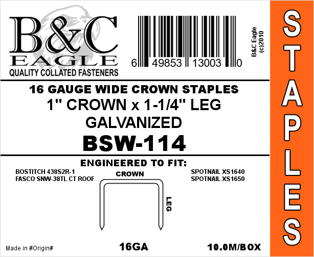B&C 15/16" Wide Crown 16GA Staples (Paslode Style) - 1 1/4"L (10.000/box)