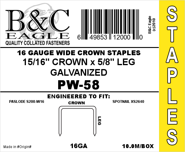 B&C 15/16" Wide Crown 16GA Staples (Paslode Style) - 5/8"L (10.000/box)