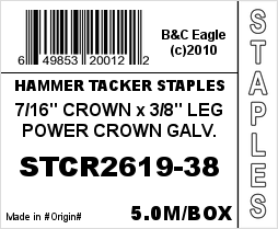 B&C STCR2619 Series 7/16'' Crown 20GA. Fine Wire Staples - 3/8"L (5000/box)